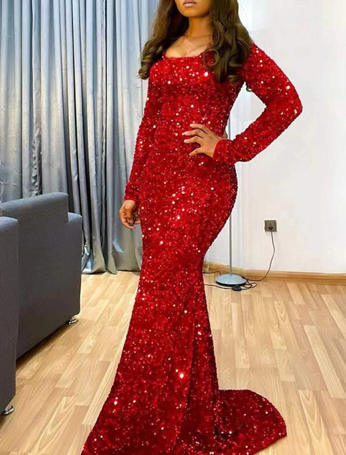 Wholesale Mermaid / Trumpet Evening Gown Sparkle & Shine Dress Formal Wedding Guest Sweep / Brush Train Long Sleeve Scoop Neck Sequined with Sequin
